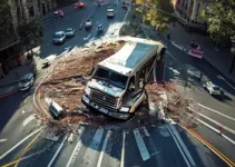 caminhão tomba em rotatória